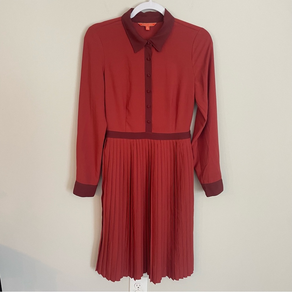 ModCloth Pleated Vintage Style Dress Lined Burnt Orange Long Sleeve Size S